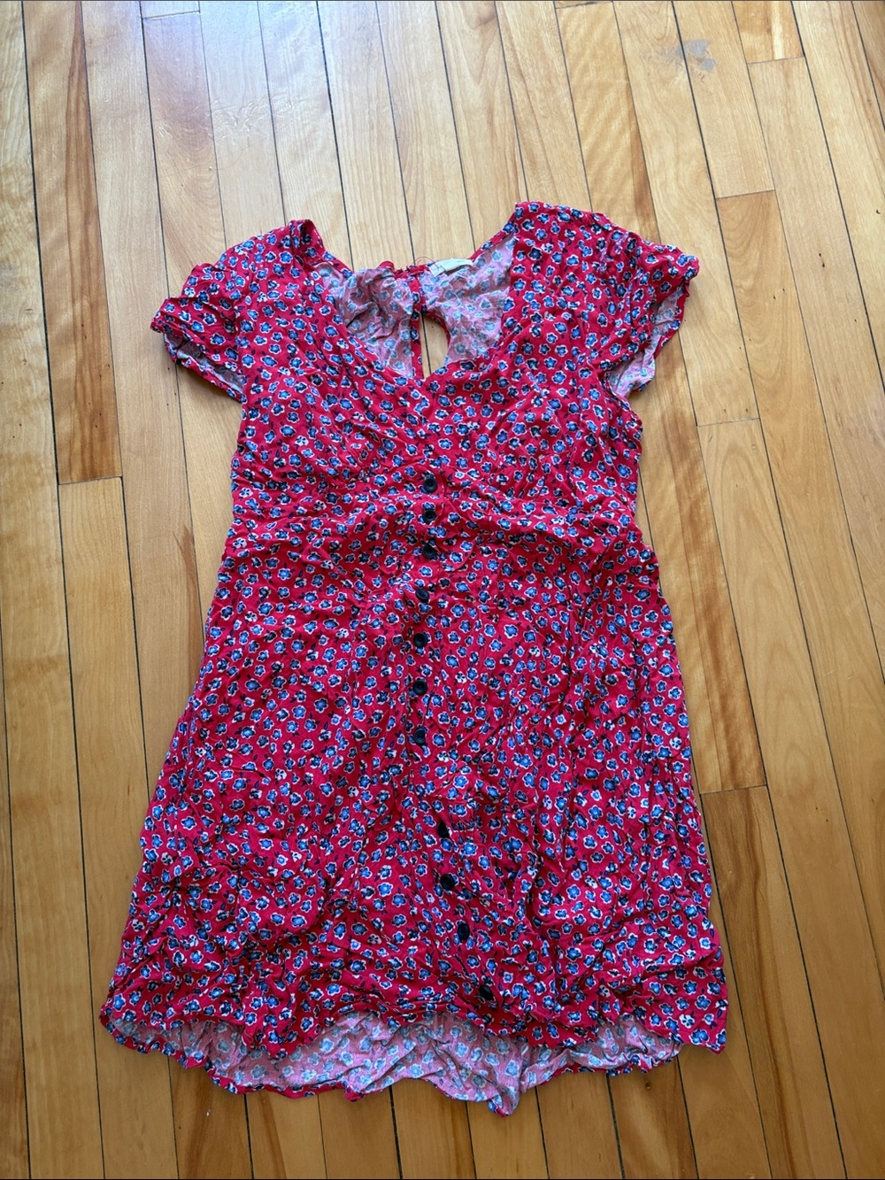 Girls Red Floral Button-Front Dress
